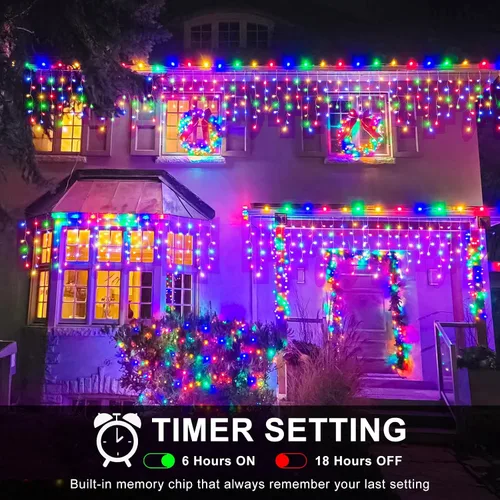 Vista 3 de Luces de carámbano para exteriores, 16.5 pies, 200 luces LED de Navidad para exteriores, impermeables, 8 modos de enchufe, cortina de luz conectable