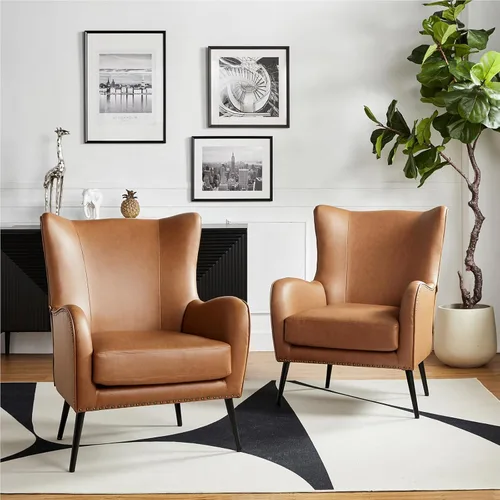 Vista 19 de HULALA HOME Silla decorativa de piel sintética con cojín extraíble, cómodo sillón tapizado con patas de metal negro y ribete de cabeza de clavo