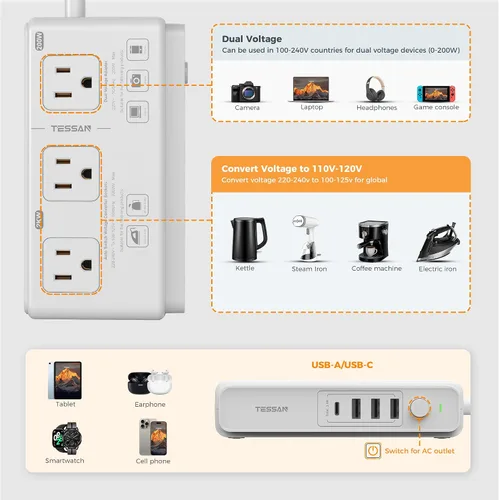 Vista 4 de TESSAN Convertidor de voltaje de 220V a 110V para viajes con 4 puertos USB (1 USB C), 3 tomas de corriente AC y adaptador de corriente internacional