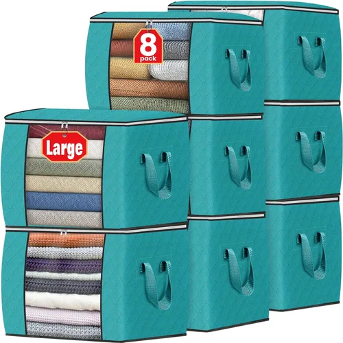 Vista 68 de Fab totes Paquete de 3 bolsas de almacenamiento plegables de tela gruesa, contenedores para organizar dormitorio, armario, ropa, edredón, Beige