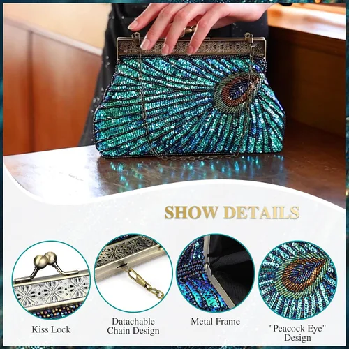 Vista 5 de UBORSE Bolsos de embrague de noche de pavo real con lentejuelas con cuentas Bolso de noche vintage Bolso de boda de fiesta de 1920