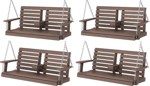 Vista 23 de KINGYES Columpio colgante para porche al aire libre, silla de patio de 2 asientos con portavasos, banco impermeable para patio y jardín, capacidad