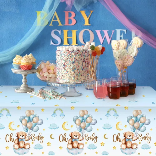 Vista 5 de Tatuo Paquete de 3 manteles rectangulares de plástico con diseño de oso para baby shower, para niños y niñas, revelación de género, cumpleaños, baby