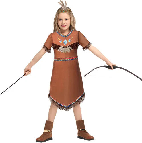 Vista 2 de Disfraz de nativo americano para niñas, vestido de indios indígenas americanos, cosplay de 2 a 12 años