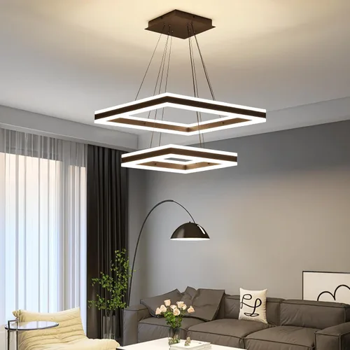 Vista 10 de Candelabros modernos para sala de estar, 2 anillos rectángulos, lámpara colgante de isla de cocina, lámpara LED regulable para comedor y dormitorio