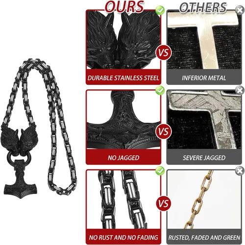 Vista 6 de OIDEA Viking Mjolnir Necklace for Men with Wolf Head King Chain, Stainless Steel Viking Amulet Thors Hammer Necklace Norse Pagan Jewelry,22 inch