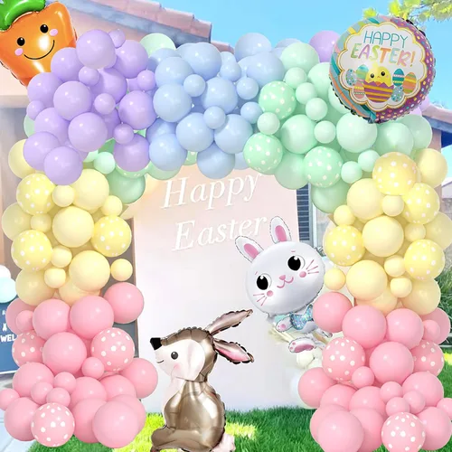 Vista 2 de Yumiche Arco de globos de Pascua, arco de globos de primavera, arco Ki con globos pastel, globos de papel de aluminio de conejo y zanahoria