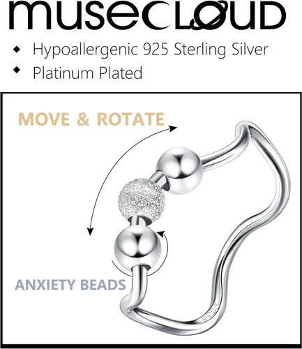 Vista 3 de MUSECLOUD Anillo antiansiedad para mujer, anillo de plata de ley para ansiedad, anillo giratorio chapado en oro blanco, anillo apilable con cuentas