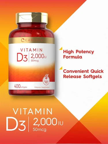 Vista 3 de Carlyle Vitamina D3 2000IU cápsulas blandas 400 unidades Fórmula sin OMG, sin gluten 50 mcg Suplemento de vitamina D