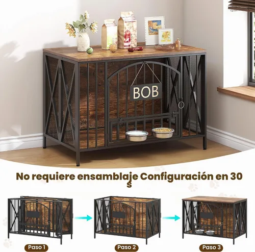 Vista 3 de BOINN Mueble plegable para perros de 41.3 pulgadas, no se ensambla, para perros de interior, jaulas de madera para perros con cuencos giratorios