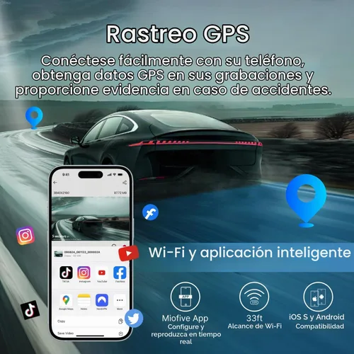 Vista 6 de Miofive Dash Cam - Cámara delantera y trasera para automóvil, 4K+4K, WiFi, Bluetooth, con tarjeta SD de 64 GB, cámara dual para auto con monitoreo