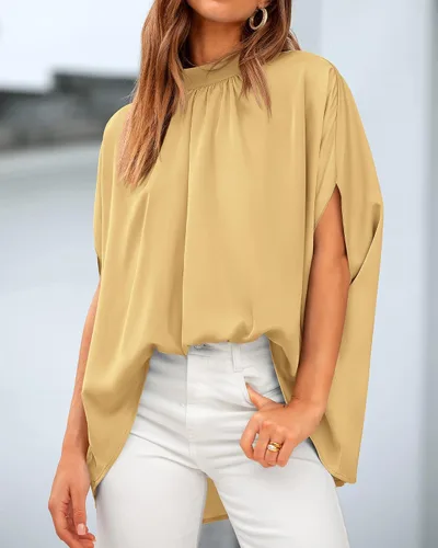 Vista 106 de BTFBM Blusas de verano para mujer, cuello alto falso, manga murciélago, holgadas, dobladillo alto y bajo, blusas informales de gran