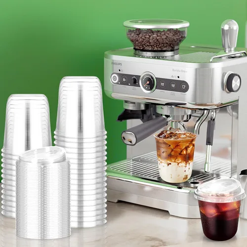 Vista 4 de 50 piezas de vasos de plástico para café con tapas con asa, vasos desechables de plástico PET transparente con tapas sin pajita para café helado