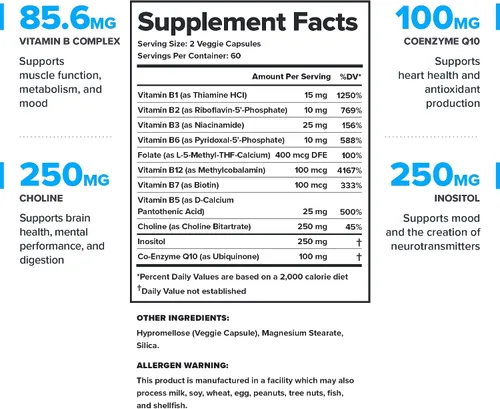 Vista 2 de LEGION Complejo de vitamina B (120 cápsulas) – Complejo de vitamina B con colina e inositol apoya el estado de ánimo y la función hepática