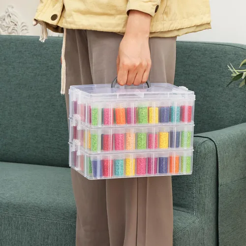 Vista 7 de QUEFE Contenedor de almacenamiento de pintura de diamante de 3 niveles, caja organizadora de cuentas portátil de 150 ranuras, organizadores