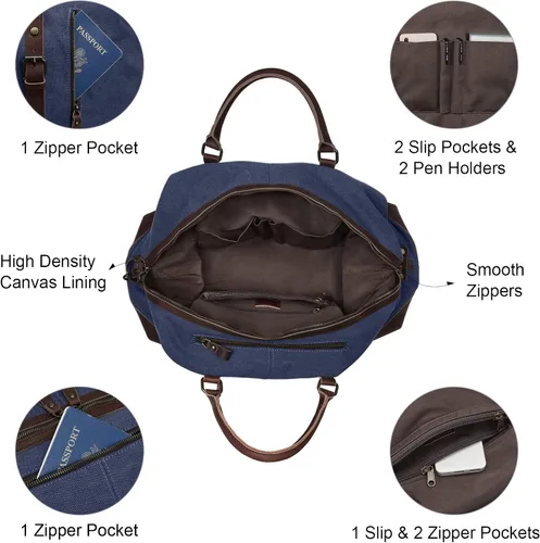 Vista 35 de S-ZONE - Bolsa de viaje de lona sobredimensionada con adornos de cuero genuino, bolsa deportiva de hombro de fin de semana, bolso de fin de semana