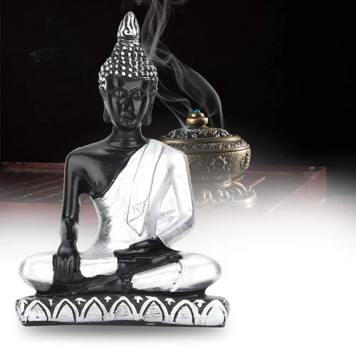 Vista 5 de Estatua de Buda - Adorno artesanal de resina, mejora el Feng Shui para budistas y amantes del arte (plata vintage)