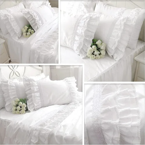 Vista 2 de Queen's House Fundas de Almohada Blancas de Encaje Bordado de Algodón Vintage con Volantes Tamaño Estándar Juego de 2