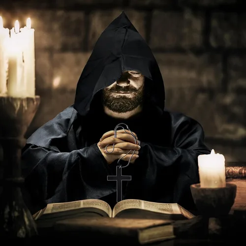 Vista 6 de GOLDGE Hooded Monk Robe and Cloak, Authentic Medieval Monk Priest Costume for Halloween and Cosplay