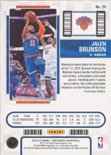 Vista 2 de 2022-23 Panini Contenders Season Ticket #24 Jalen Brunson New York Knicks Basketball Card - GotBaseballCards