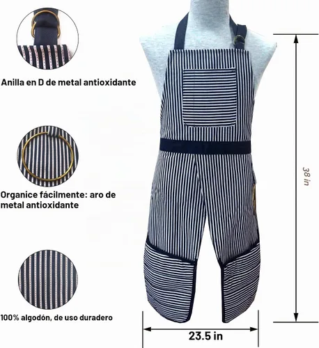 Vista 3 de Delantal de cocina de tela pesada ajustable con correa para el cuello babero extra largo lazos 2 bolsillos algodón chef cocina (delantal azul)