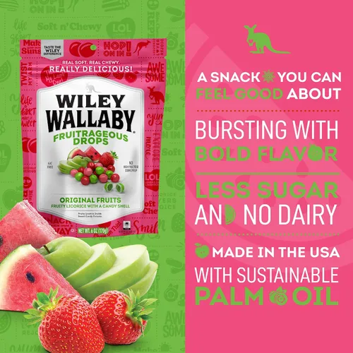 Vista 4 de Wiley Wallaby 6 oz. Gotas Fruitrageous Drops Frutas Originales Caramelos de Regaliz Suaves y Masticables Estilo Australiano Gourmet, Paquete de 2