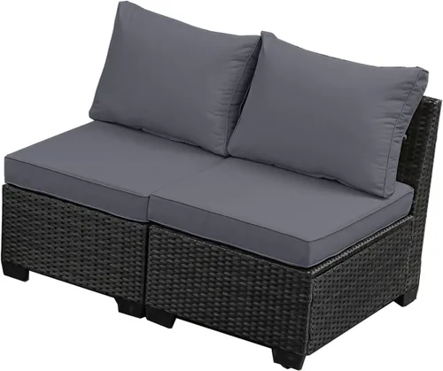 Vista 10 de JOYURE Juego de muebles de patio de 5 piezas, sofá de exterior con cojines impermeables, sofá de patio en forma de L de ratán y mesa auxiliar Gris