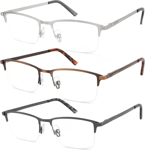 Vista 8 de 3-Pack Reading Glasses for Men Blue Light Blocking Fashion Metal Half Wide Frame Readers Semi Rimless Eyeglasses
