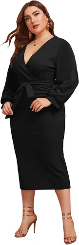 Vista 5 de Verdusa Vestido ajustado de talla grande con cuello en V y manga farol, con cinturón