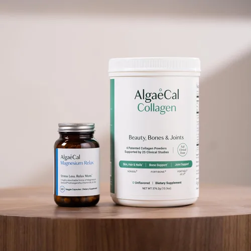 Vista 2 de ALGAECAL Colágeno - 4 péptidos clínicamente apoyados VERISOL®, FORTIGEL®, UC-II®, FORTIBONE®, colágeno en polvo, 3 paquetes de magnesio Relax™