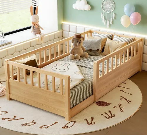 Vista 4 de Bellemave Cama de piso doble con valla alta, cama Montessori de madera para niños, natural