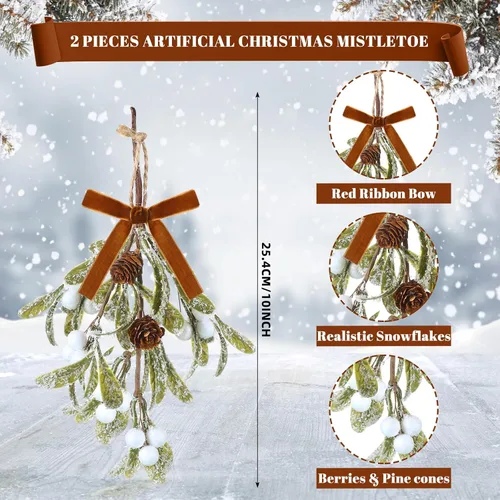 Vista 2 de Giegxin 1 pieza Adorno de Navidad Artificial de Muérdago Colgante con Lazo Rojo Bouquet de Adornos Colgantes de Navidad Floral con Piñas Naturales