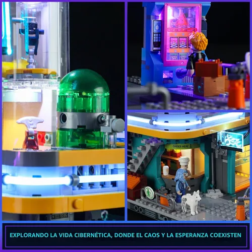 Vista 5 de FUNWHOLE Cyberpunk Mansion Lighting - Juego de ladrillos de construcción – 2524 piezas de edificios modulares de ciudad futura idea de exhibición