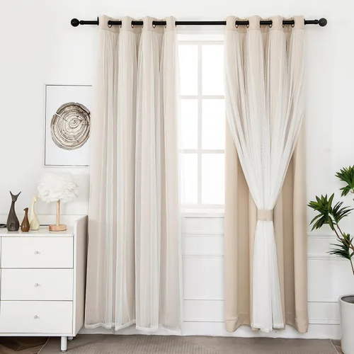 Vista 17 de INLINAS Cortinas opacas beige con superposición transparente, paneles térmicos y de reducción de ruido con ojales en la parte superior