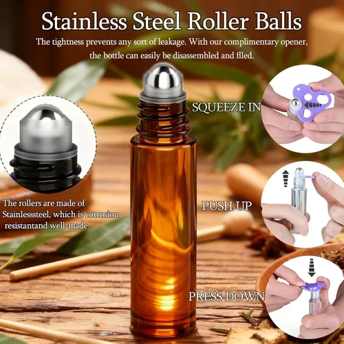 Vista 4 de PrettyCare 6 piezas, botellas roll-on de 10 ml para aceites esenciales con bola de rodillo de acero inoxidable - Botellas rellenables a prueba