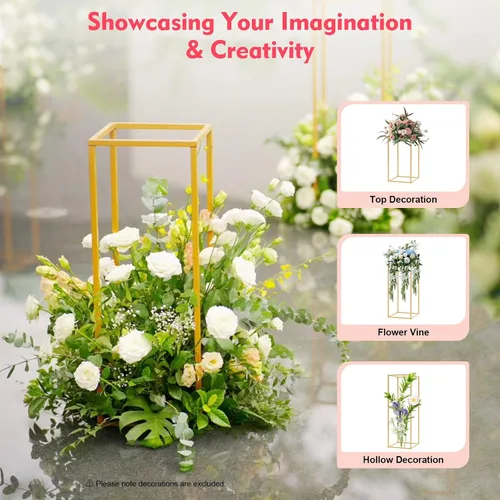 Vista 3 de Soporte de flores de metal para centros de mesa de boda, 4 piezas, soporte de flores de boda dorado, soporte de marco rectangular, soporte