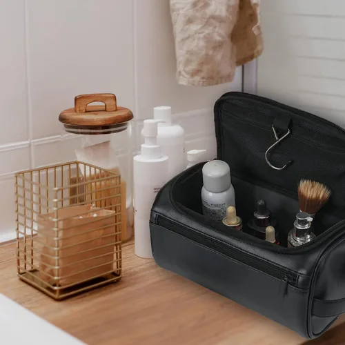 Vista 2 de Neceser de cuero personalizado para hombres con gancho, regalo de padrinos de boda, bolsa de viaje con grabado láser, monograma de cuero, regalo