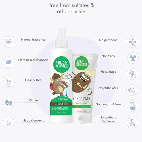 Vista 4 de Fresh Monster Paquete desenredante de cabello para niños, desenredante de 8.5 onzas y acondicionador de 6 onzas, sin toxinas, hipoalergénico