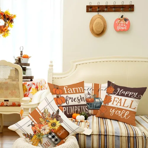 Vista 7 de GEEORY Juego de 4 fundas de almohada de camión de calabaza de otoño de 18 x Naranja y blanco