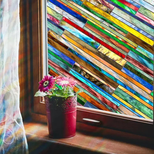 Vista 11 de Lámina de privacidad para ventana Windimiley con diseño de vidrio manchado: adhesivo estático decorativo floral 3D arcoíris con control de calor