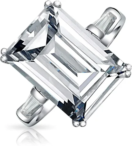 Vista 2 de Anillo de compromiso de plata de ley 925 chapada en oro amarillo de 14 quilates circonita cúbica AAA corte esmeralda estilo Art Deco para mujer