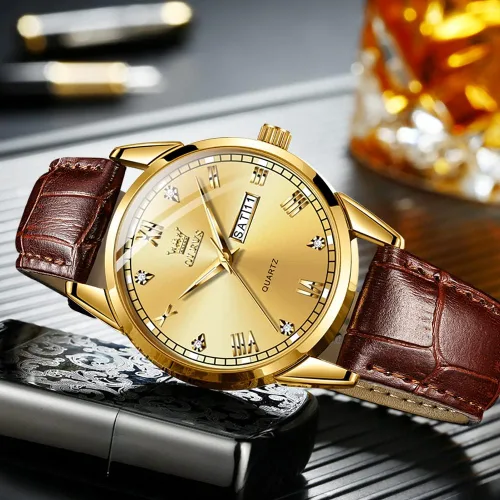 Vista 5 de OLEVS Tienda Watches, reloj de cuero marrón para hombre, reloj de fecha para hombre, reloj luminoso para hombre, reloj de vestir para hombre, reloj