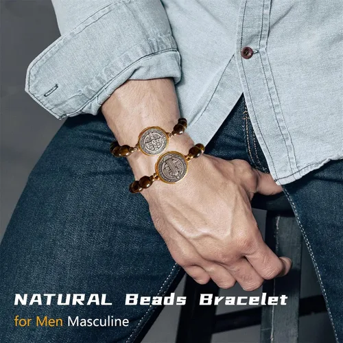 Vista 9 de 2 piezas Pulsera de San Benito Pulsera de Ojo de Tigre Medalla de San Benito Católica Medalla de San Benito