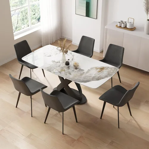 Vista 6 de Mesa de comedor moderna, mesa de piedra sinterizada blanca antigua con base de acero al carbono sólido en forma de X negra, mesa de comedor Blanco