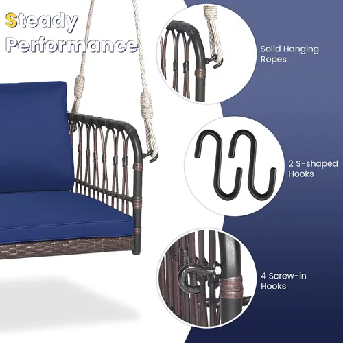 Vista 7 de HAPPYGRILL Silla de columpio para porche, asiento colgante tejido de ratán con cuerdas para colgar, ganchos de cojines, banco colgante de mimbre