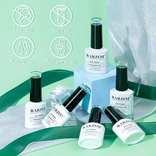 Vista 3 de RARJSM Juego de esmaltes de gel holográfico, color verde turquesa, kit de esmalte de uñas de gel con purpurina, colección de verano, 6