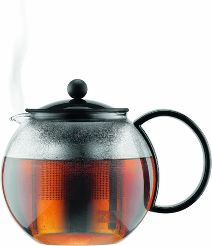 Vista 5 de Bodum Prensa de té de vidrio Assam de 34 oz con filtro de acero inoxidable, tapa de plástico negro