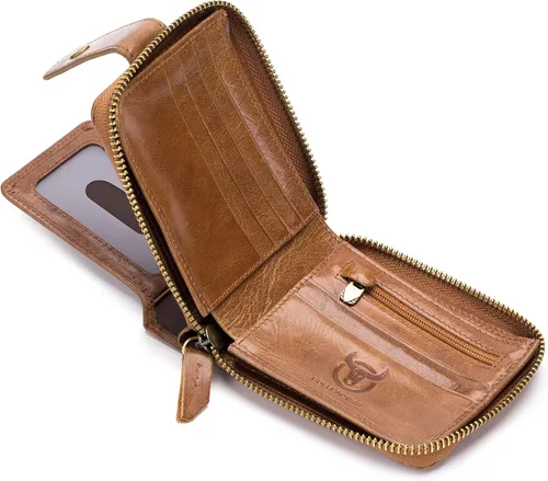 Vista 19 de LUKZIJAES Billetera de cuero genuino para hombre, con bloqueo RFID, delgada, plegable, bolsillo frontal, #3-Café, Vintage