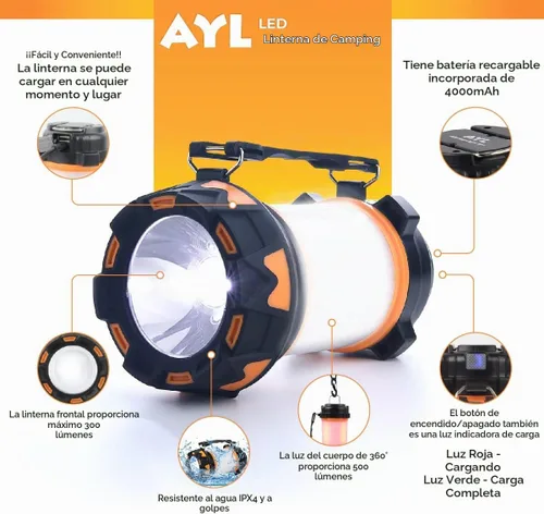 Vista 6 de AYL - Linterna LED de camping recargable, linterna superbrillante con luz de 360 grados, banco de energía, resistente al agua IPX4 para emergencias