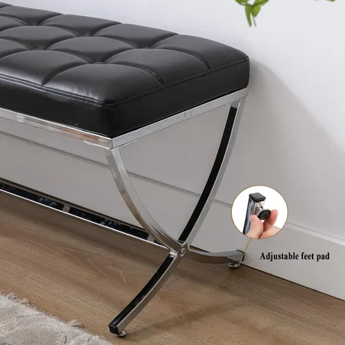 Vista 6 de DUOMAY Moderno banco otomano copetudo, banco de comedor tapizado de piel sintética, reposapiés con botones y patas de metal, 45.75 pulgadas de ancho